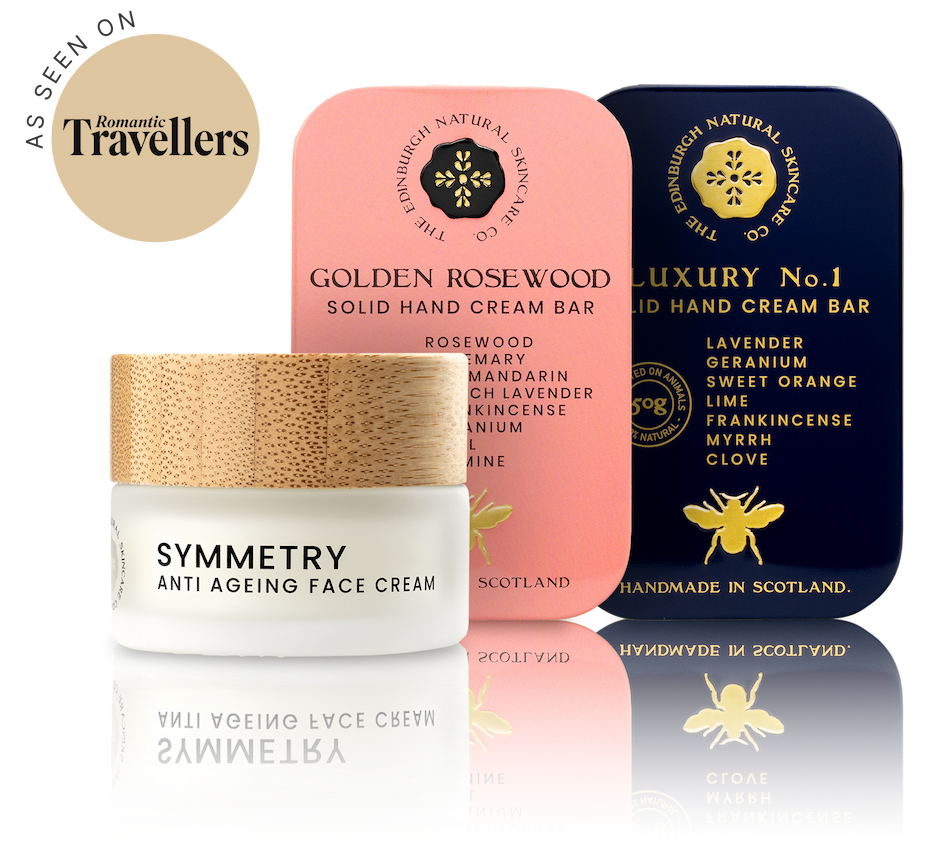 IMAGE: three products are shown: our Golden Rosewood Hand Cream bar, Luxury No. 1 hand cream bar and the Symmetry Anti-ageing Face Cream. All three of these products have recently been featured in the romantic travellers magazine. 
