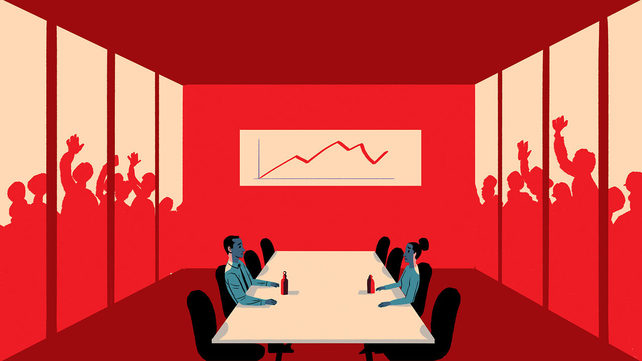 Groups wait impatiently outside a meeting room containing two people