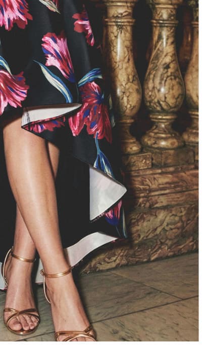Floral Print Mikado High Low Gown In Black Multi