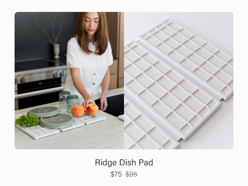 Ridge Dish Pad shown in kitchen holding dishes and fruit with close up of textured drying surface now $75