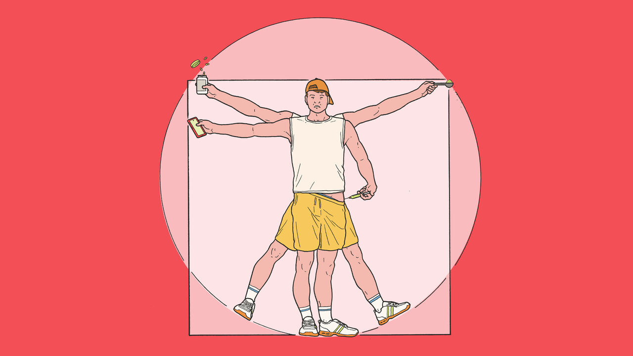 A play on the classic Vitruvian man image, but he's injecting himself, holding  out his phone, and holding supplements