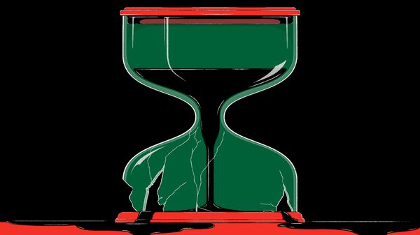 An illustration of an hourglass filled with oil, with the lower half cracked so the oil leaks out