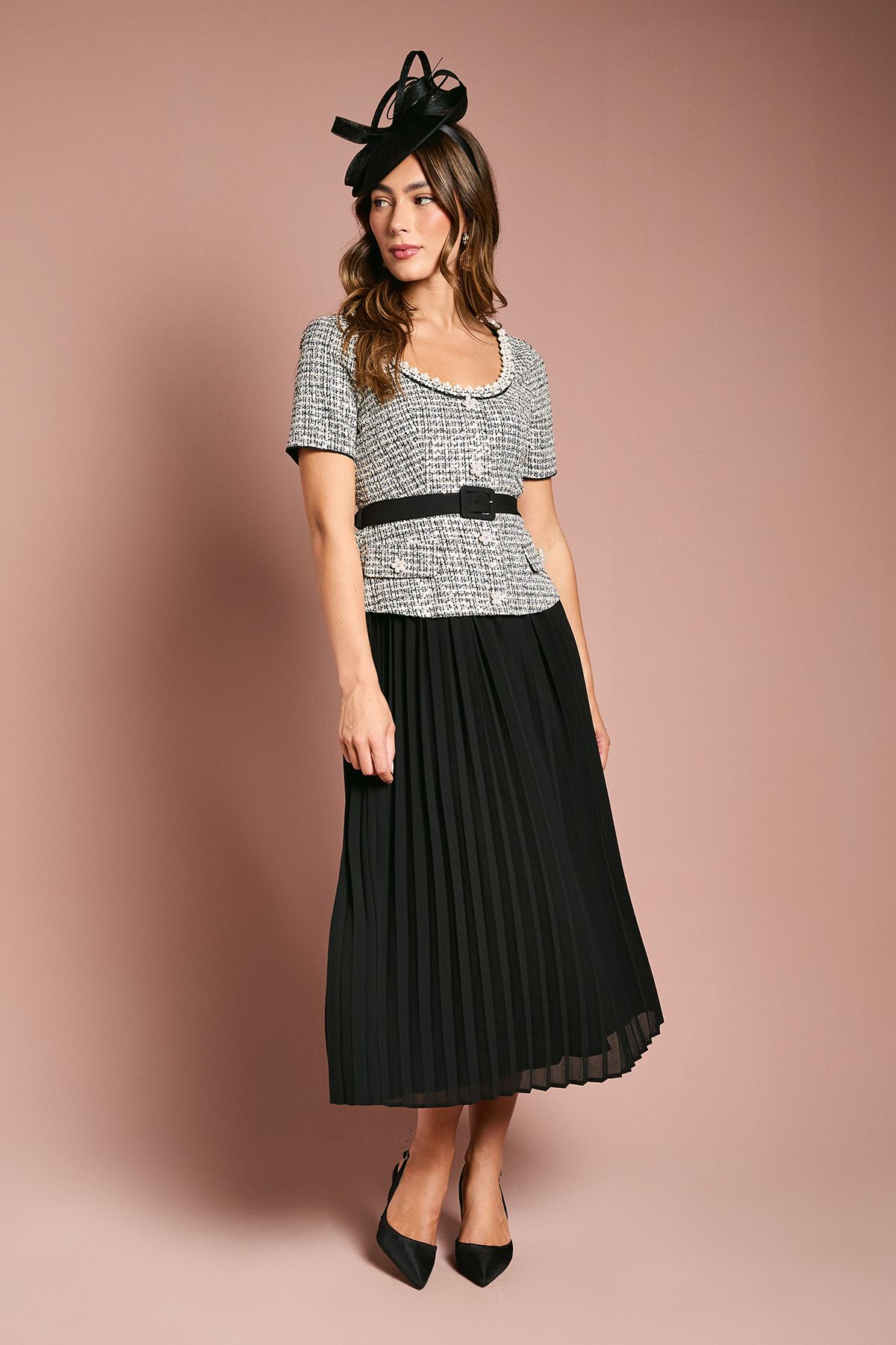 Tweed Bodice With Pleated Georgette Skirt And Diamante Trim