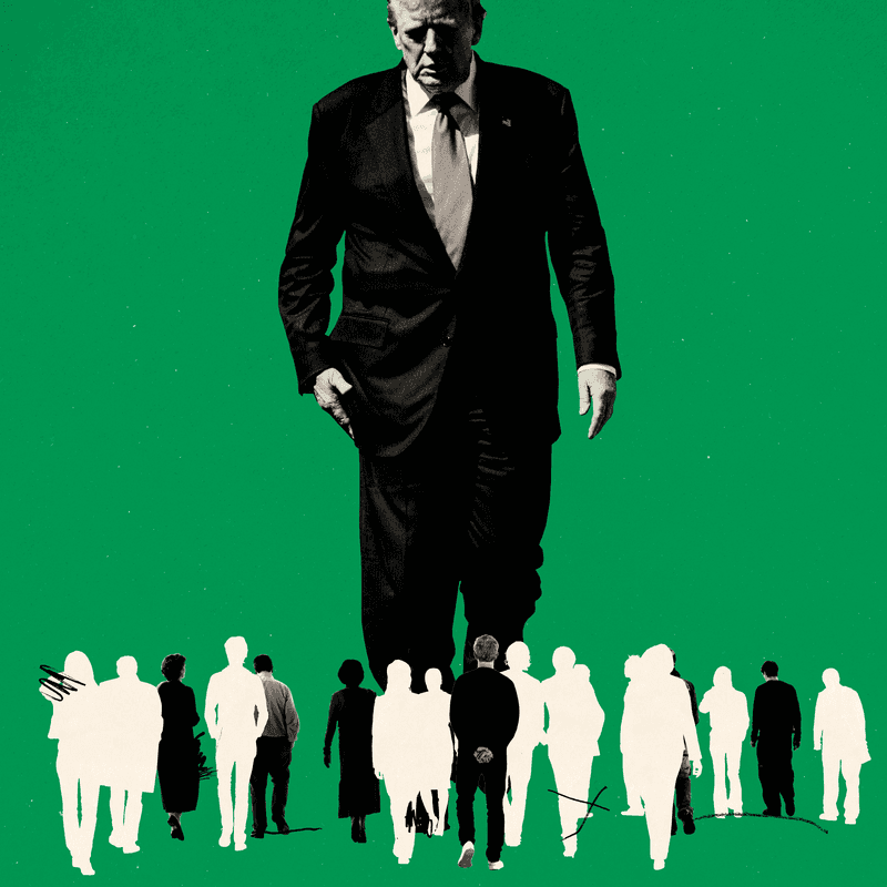 Donald Trump standing over silhouettes of people.