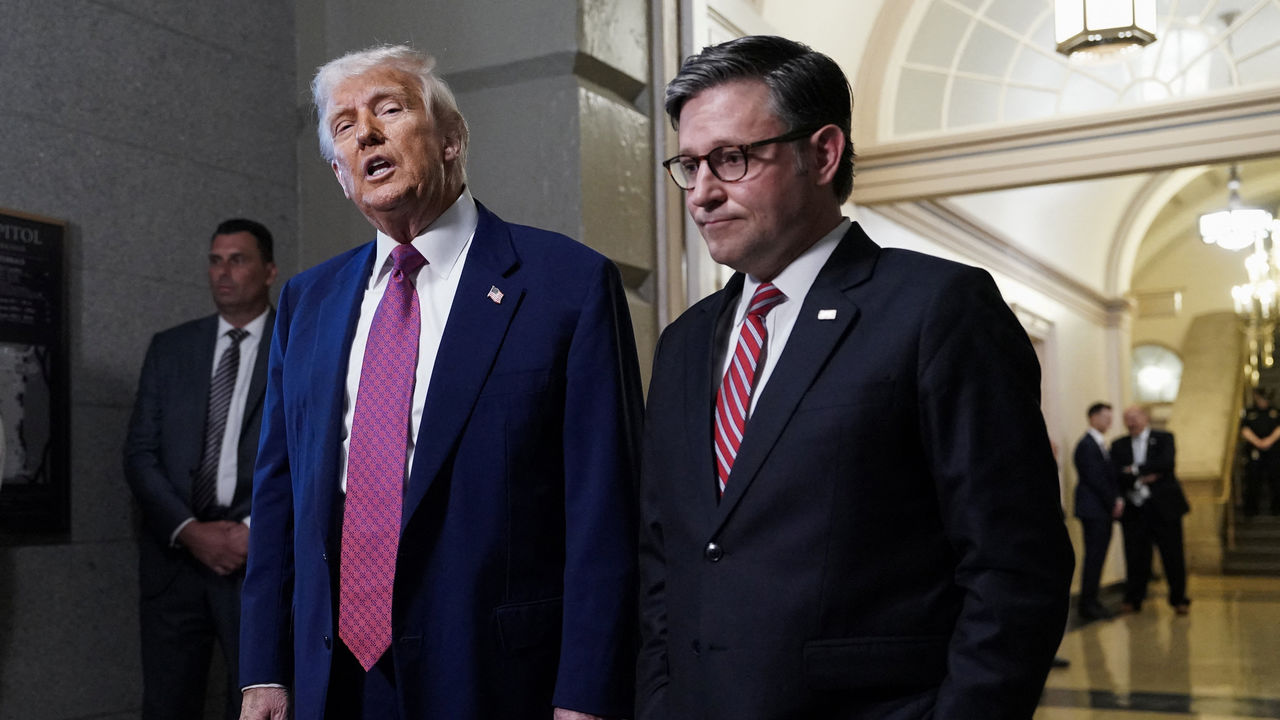 U.S. President Trump pictured next to  U.S. House Speaker Mike Johnson as they attend a closed House Republican Conference meeting on Capitol Hill in Washington DC, USA.