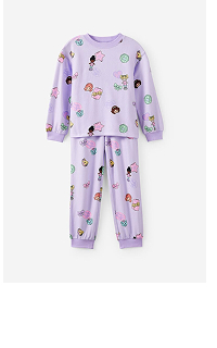 Purple long-sleeve pajama set with colorful character print for kids