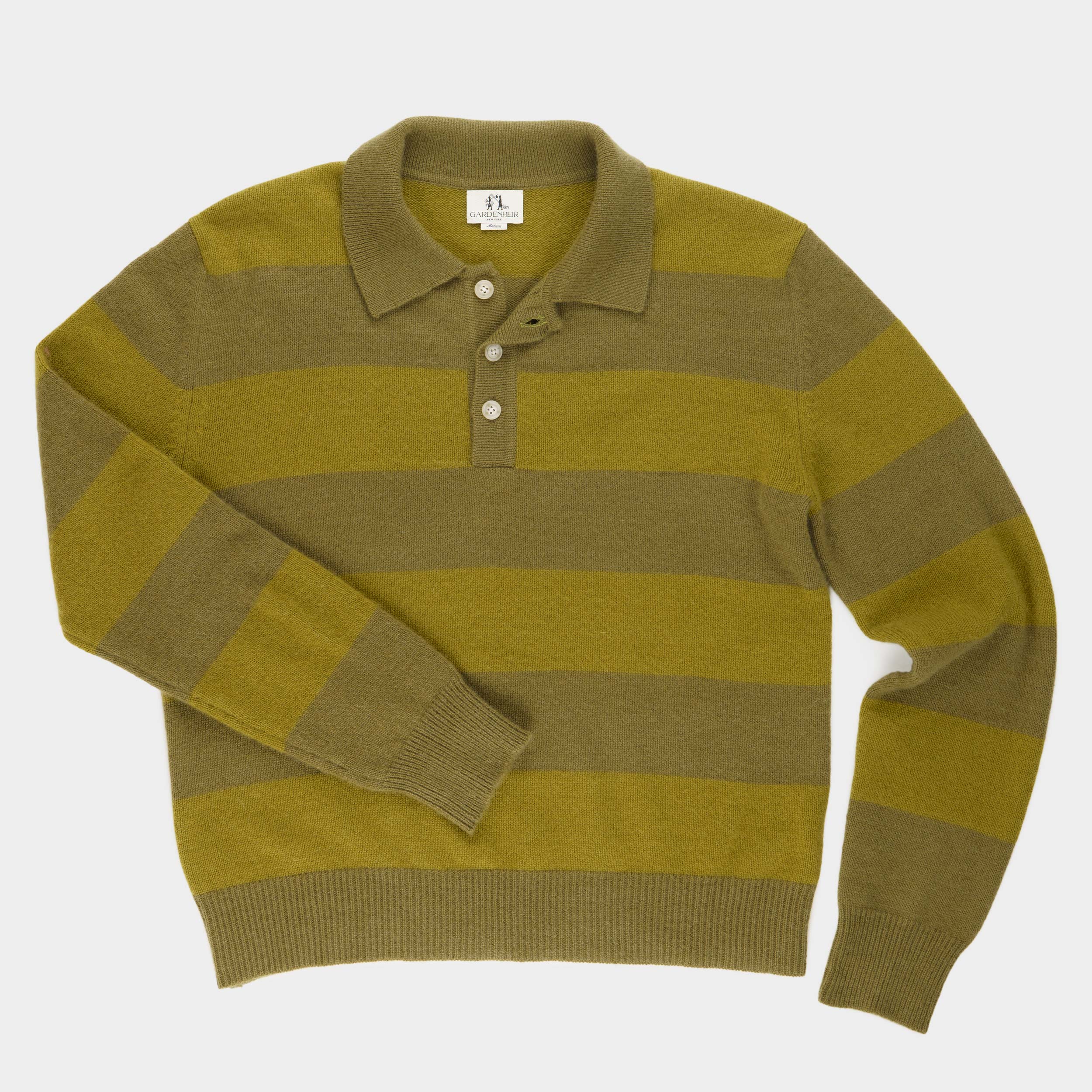 Image of Himalayan Cashmere Striped Rugby Sweater in Moss/ Chartreuse