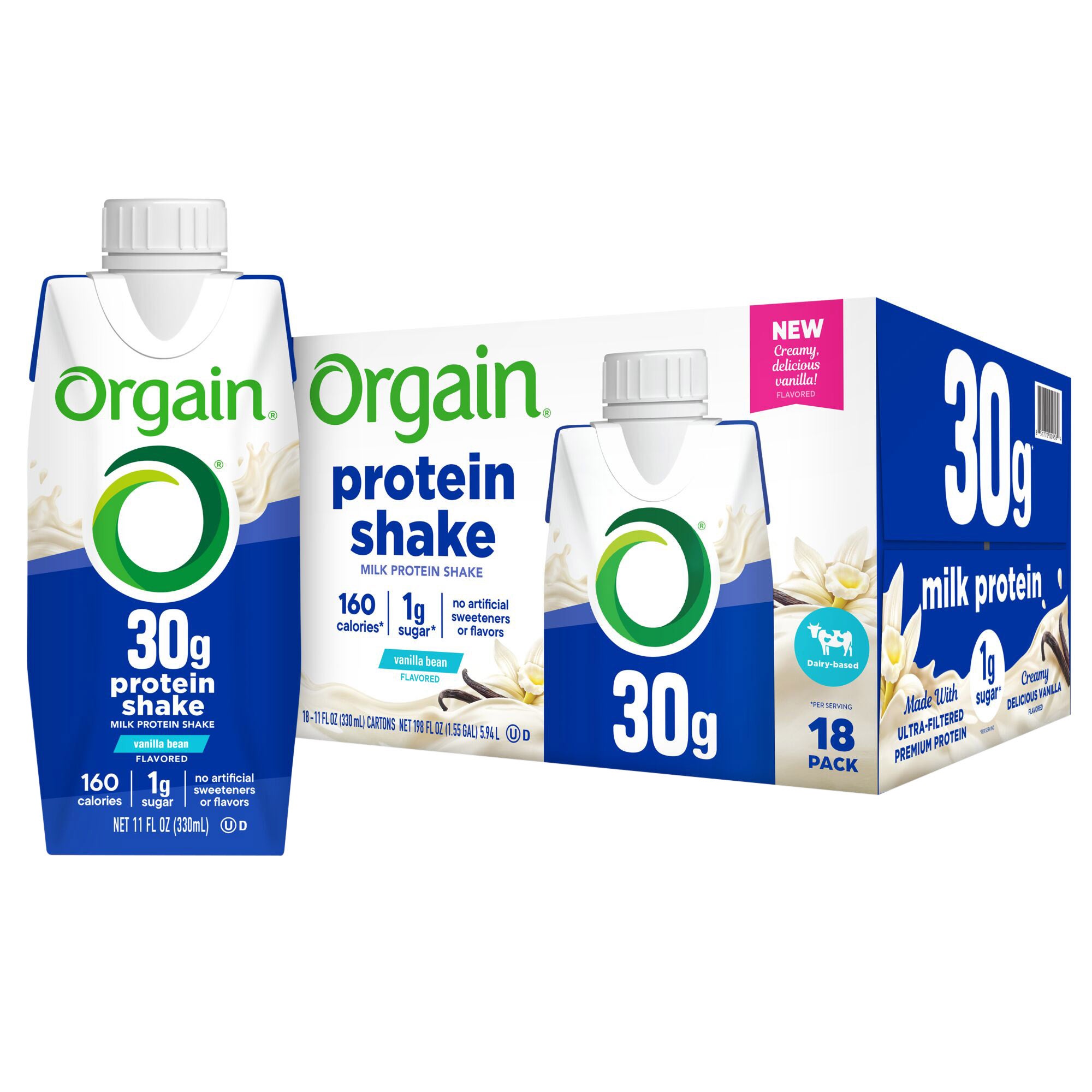 Orgain 30g Milk Protein Shake, Vanilla, 11.0 fl oz, 18-Pack