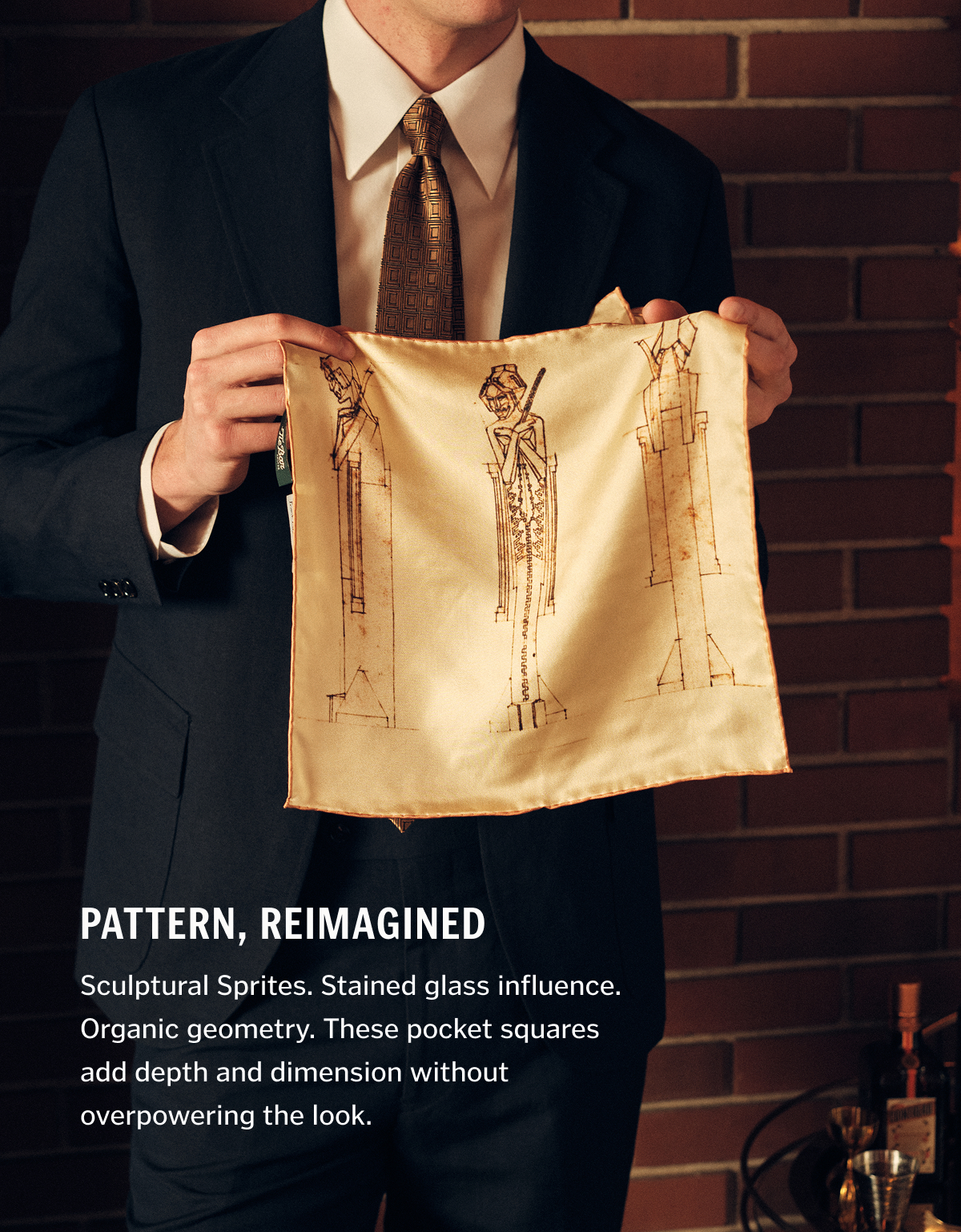 Pattern, Reimagined. Sculptural Sprites. Stained glass influence. Organic geometry. These pocket squares add depth and dimension without overpowering the look.