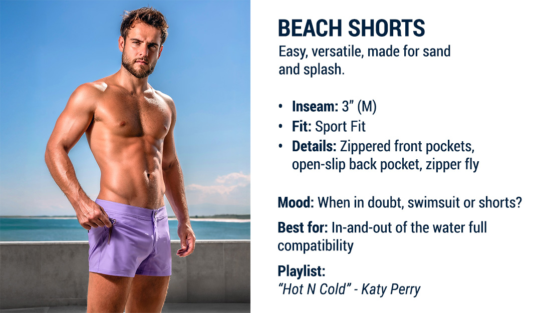 DC2 Shorts Fit Guide — model wearing Neo Violet Beach Shorts featuring sport fit design and zippered front pockets.