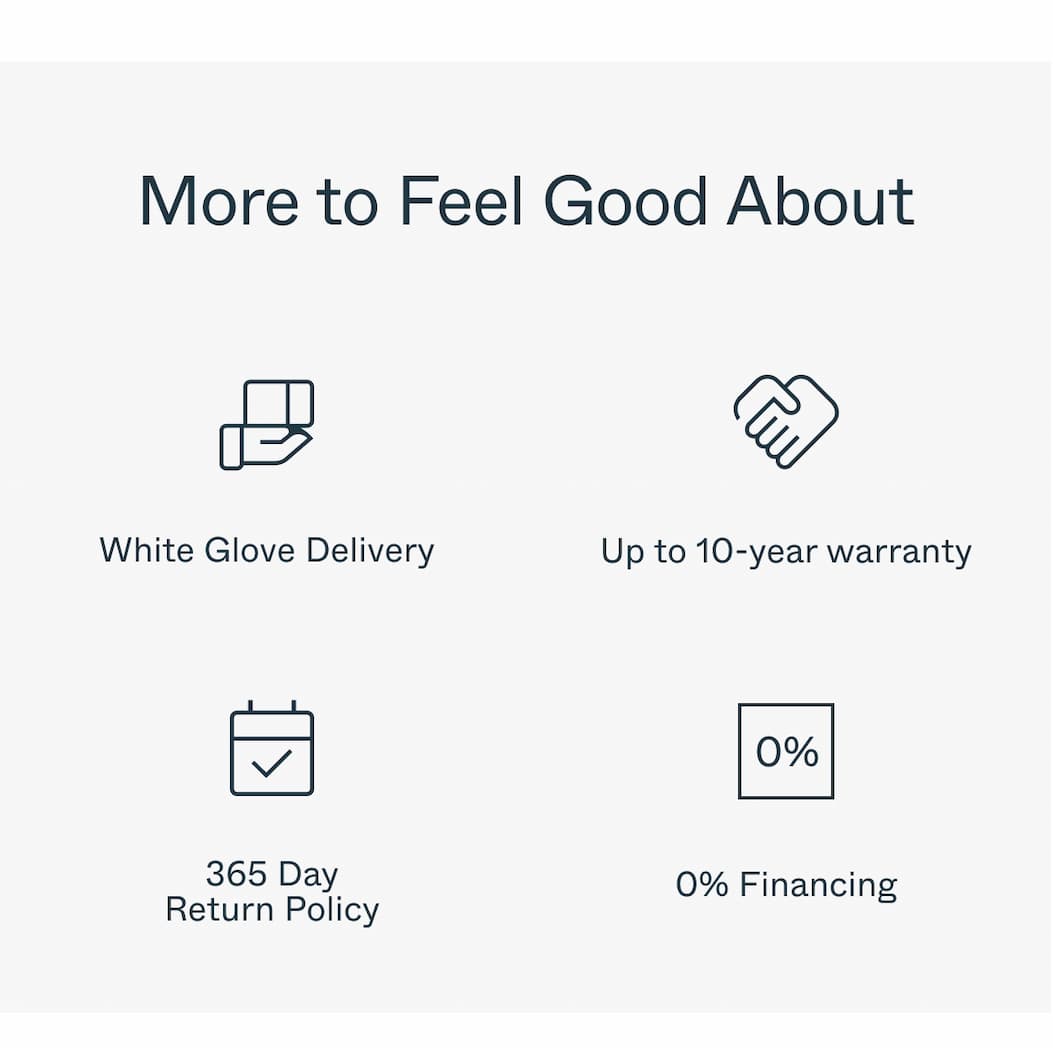 More to Feel Good About  White Glove Delivery Up to 10-year warranty 365 Day Return Policy 0% Financing 