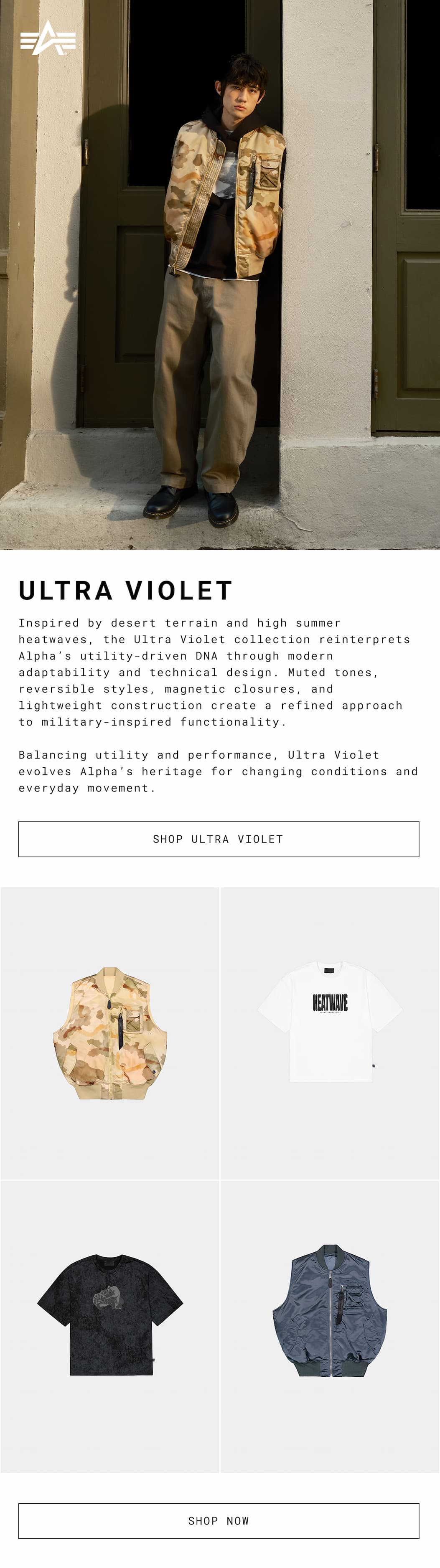 alpha industries ultra violet collection of jackets, vest, tee shirts, and hoodies