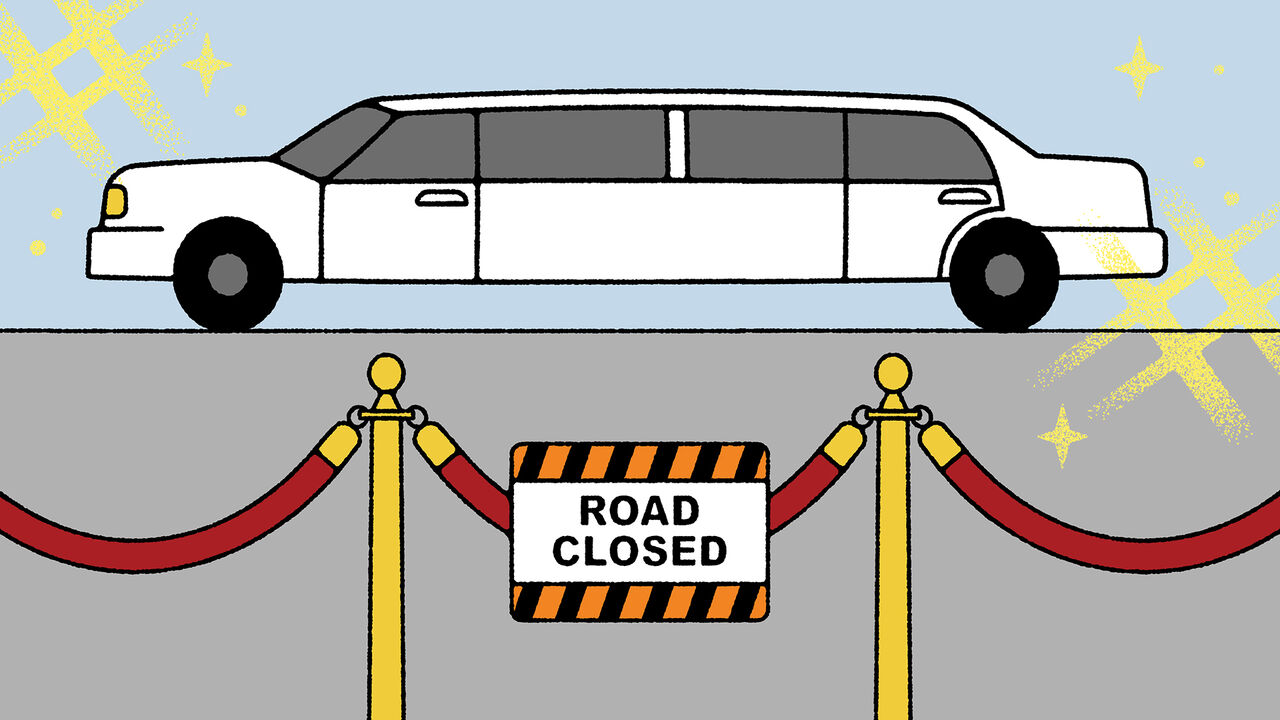 Illustration of a white limo behind a velvet rope with a sign on it that says 'ROAD CLOSED'