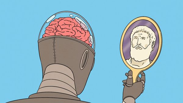 Illustration of a robot looking into a mirror and seeing a reflection of Socrate. 