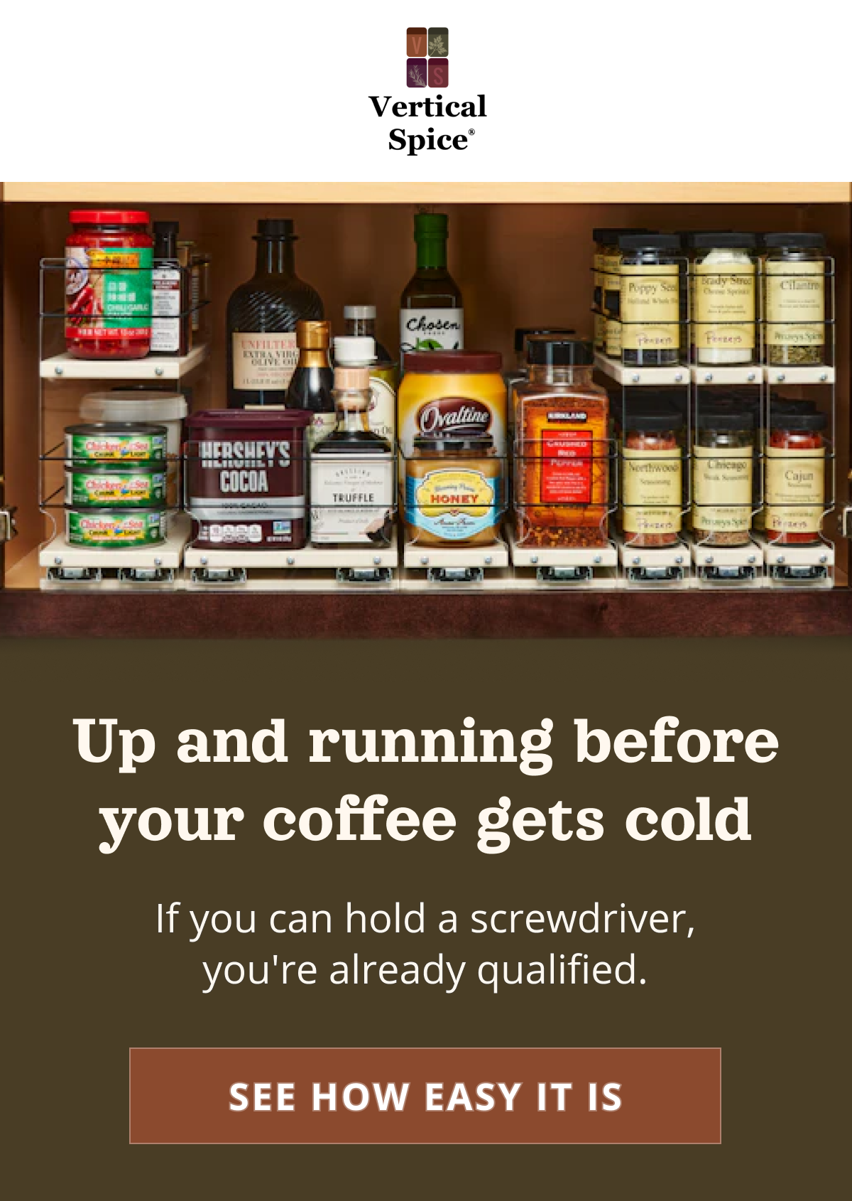Vertical Spice pull-out spice rack drawers installed inside a kitchen cabinet with organized spices and condiments.
