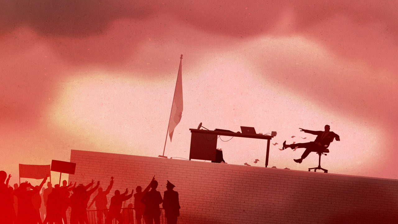 A crowd confronting a suited figure, who falls from an office desk on a ledge.