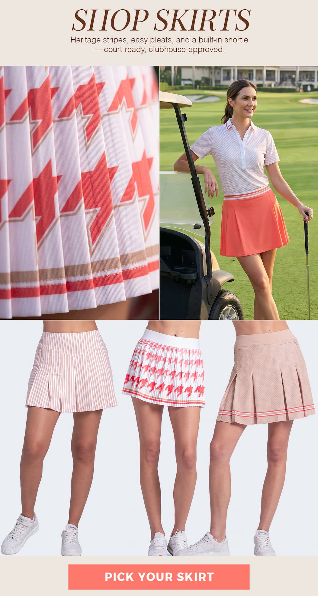 Shop Skirts: Heritage stripes, easy pleats, and a built-in shortie - court-ready, clubhouse-approved.