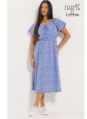 M&Co Petite Blue Leaf Print Tie Neck Cotton Midi Dress
