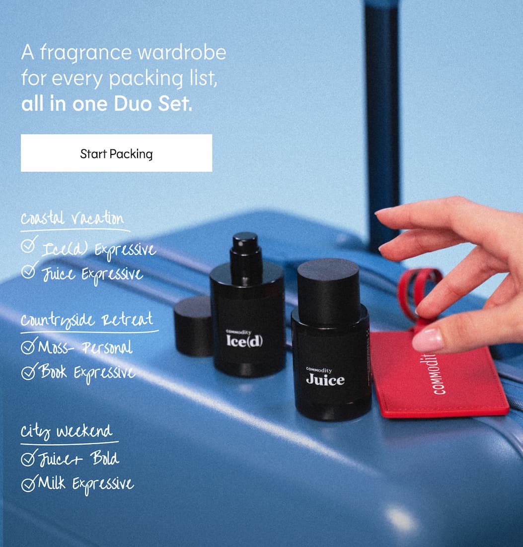A fragrance wardrobe for every destination, all in one Duo Set.  Coastal Vacation Ice(d) Expressive & Juice Expressive  Countryside Retreat Moss- Personal & Book Expressive  City Weekend Juice+ Bold & Milk Expressive