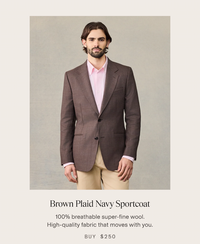 Brown Plaid Navy Sportcoat 100% breathable super-fine wool. High-quality fabric that moves with you. BUY $250