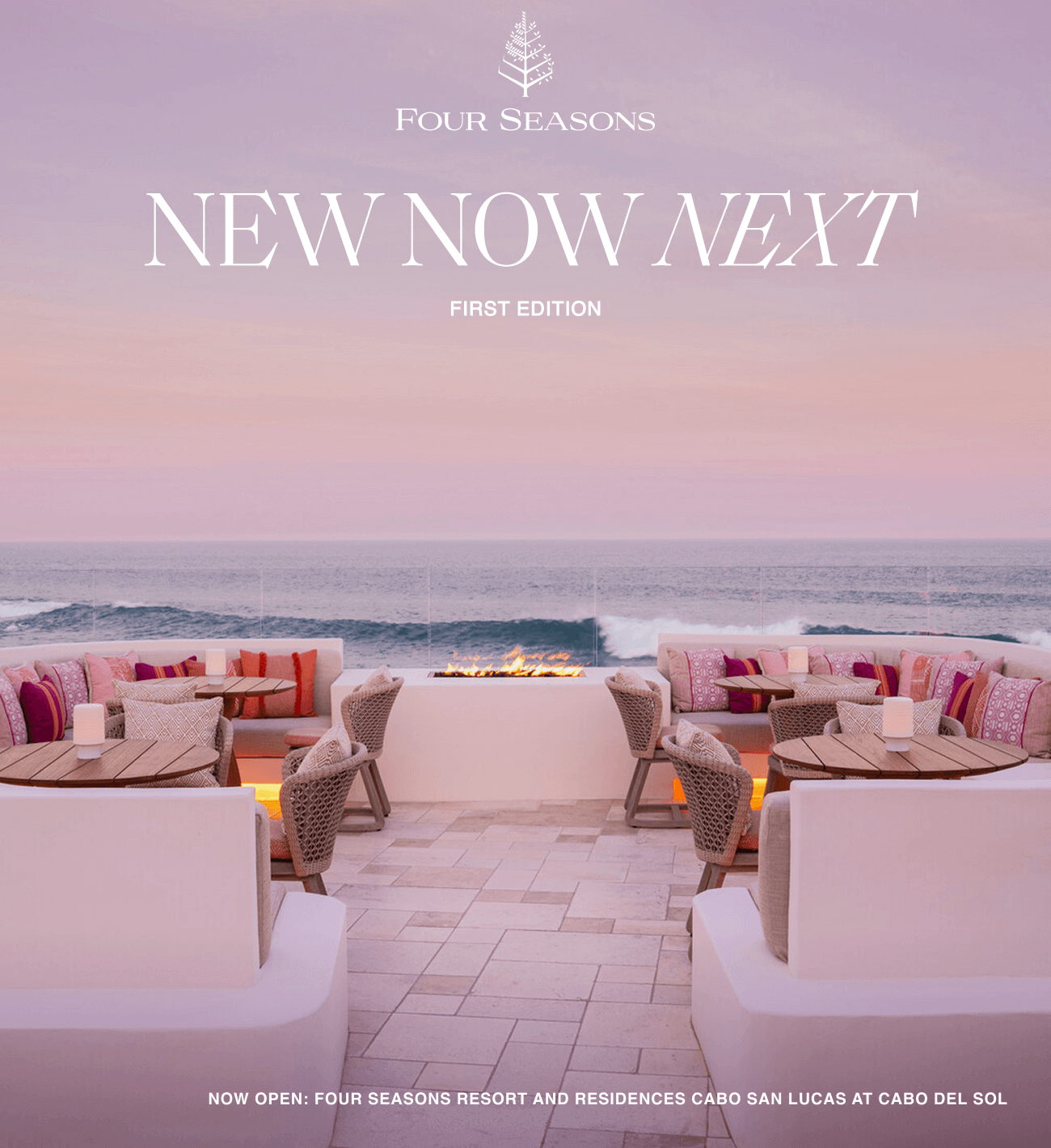 An outdoor lounge area overlooking the ocean with a pink-hued sunset. Headline reads 'New Now Next.'