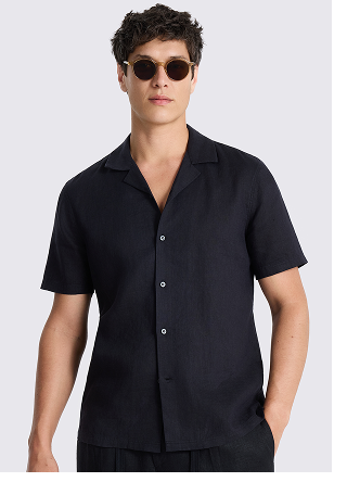 Black Linen Cuban Collar Shirt