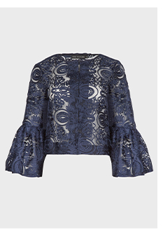 Navy Cropped Mesh Jacket With Ribbon Embroidery and Bell Sleeves