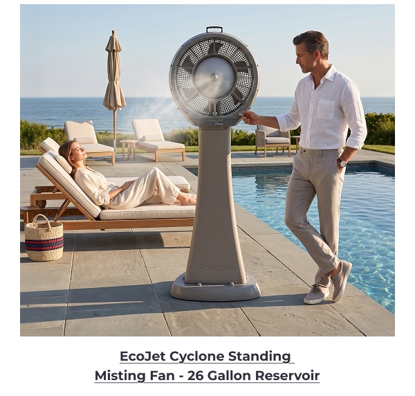 Man standing next to misting fan. Image Text: EcoJet Cyclone Standing Misting Fan - 26 Gallon Reservoir