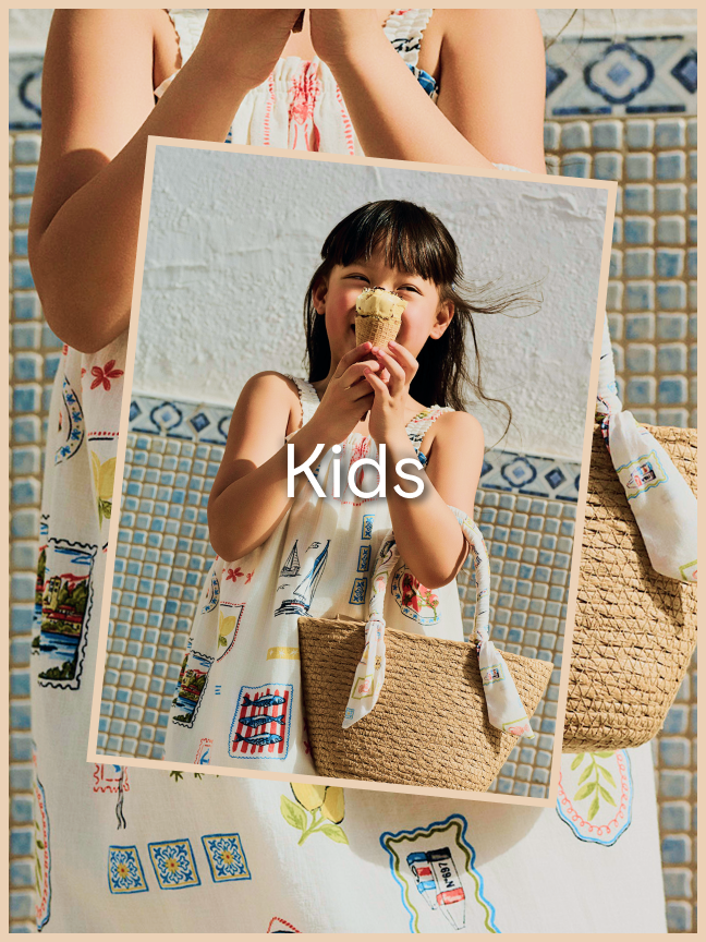 Girl holding an ice cream wearing a dress with a woven bag.