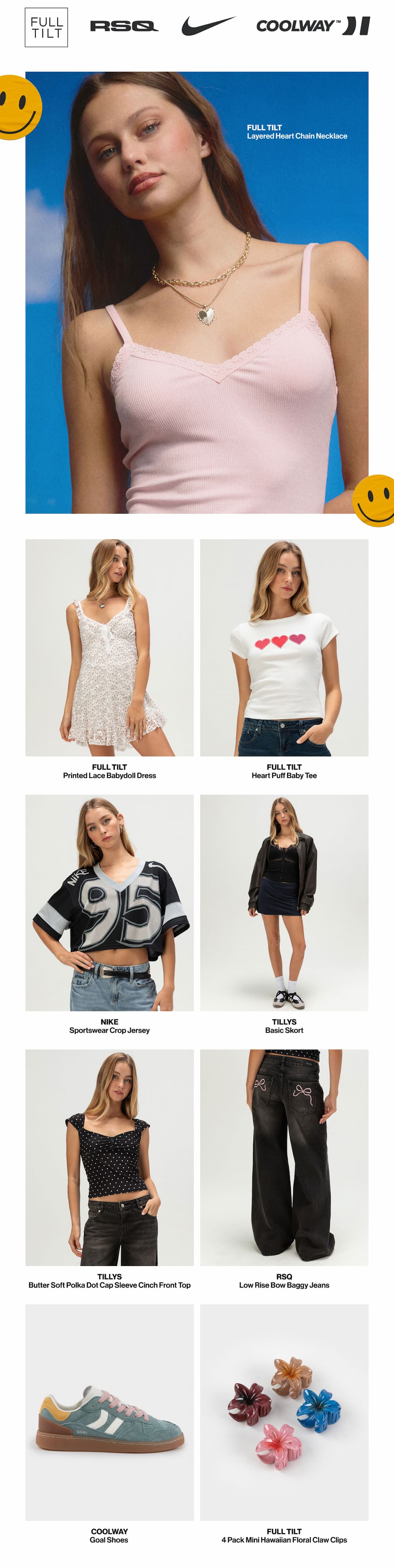 Logos from Clothing brands Fukll Tilt, RSQ, Nike and Coolway. Necklaces and Jeans