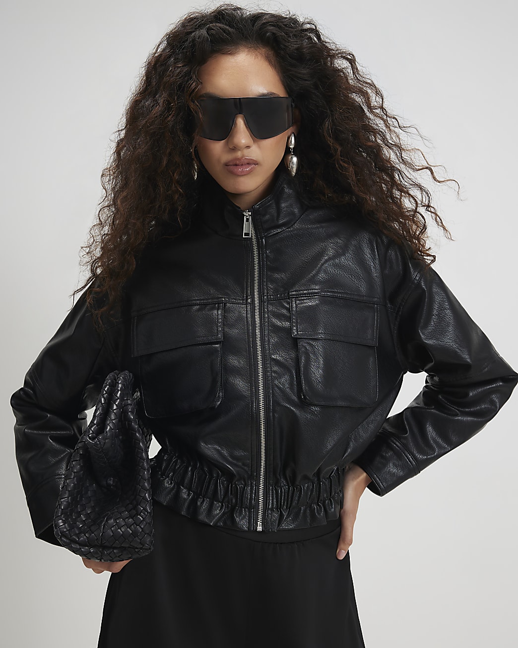 Womens Black Funnel Neck Faux Leather Jacket