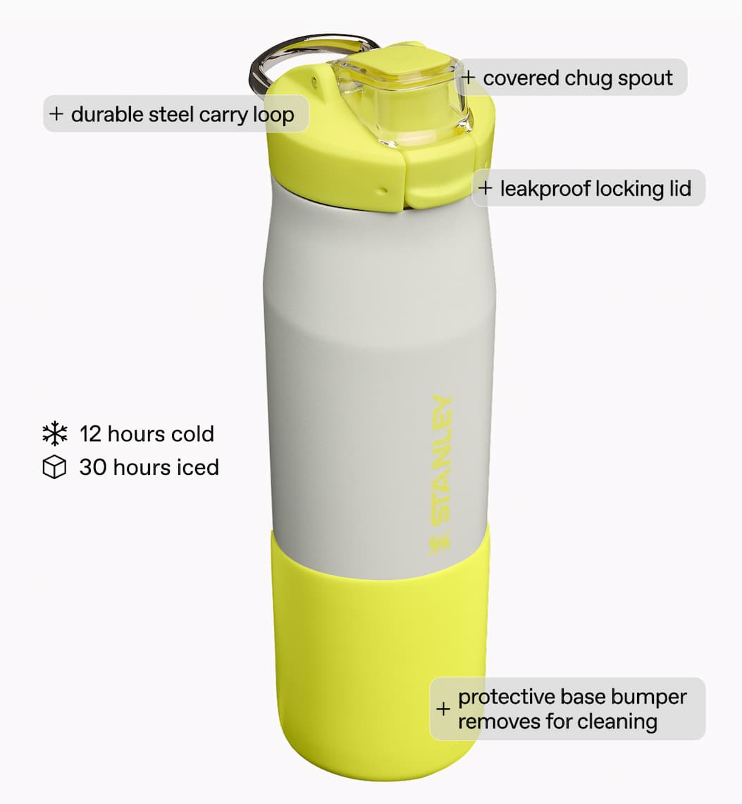 Durable steel carry loop. Covered chug spout. Leakproof locking lid. Protective base bumper.