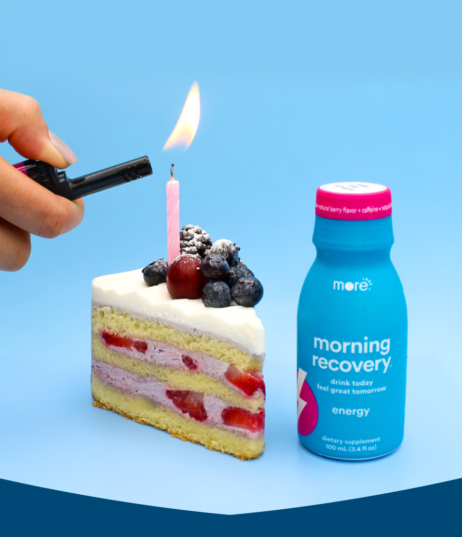Gif of Morning Recovery bottle floating in a pool with a floatie. 