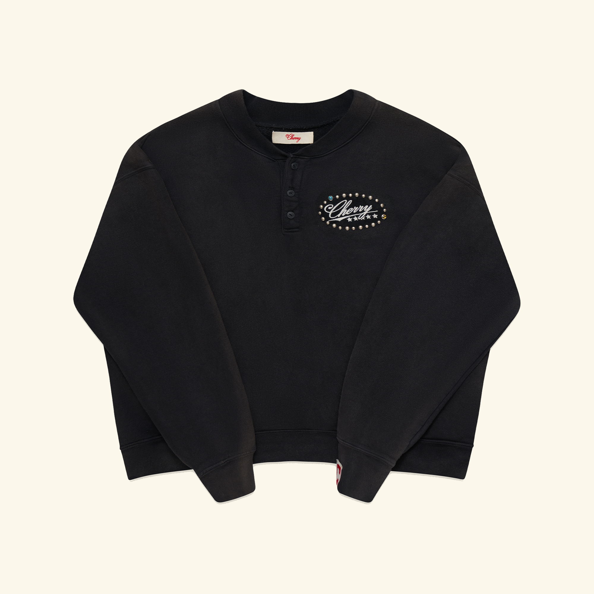 Image of Five Star Studded Henley Crewneck (Vintage Black)