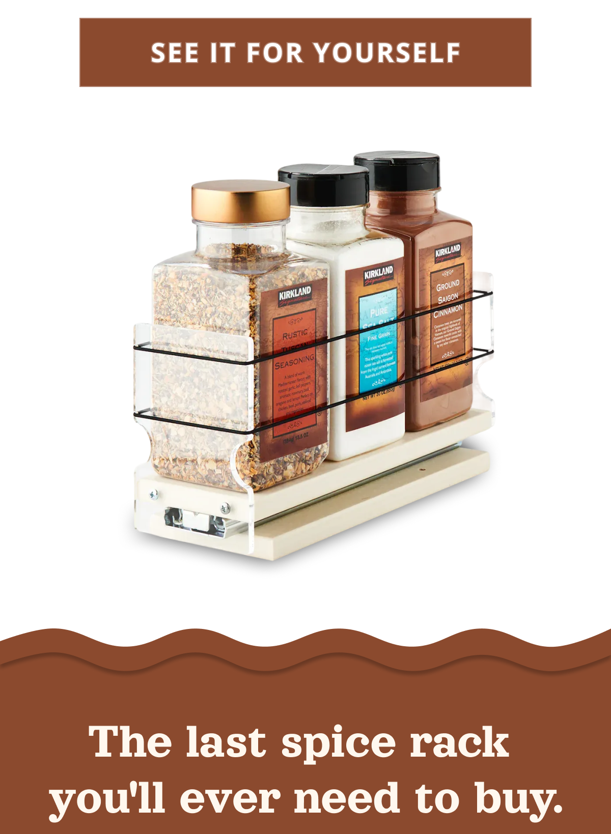 Vertical Spice pull-out spice rack drawer with spice jars displayed on sliding multi-tier rack system