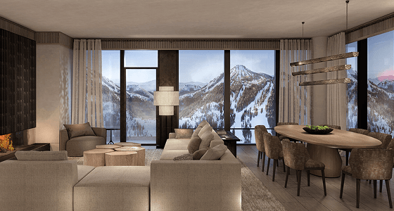 Mountain-view residence with open-plan living and dining spaces.