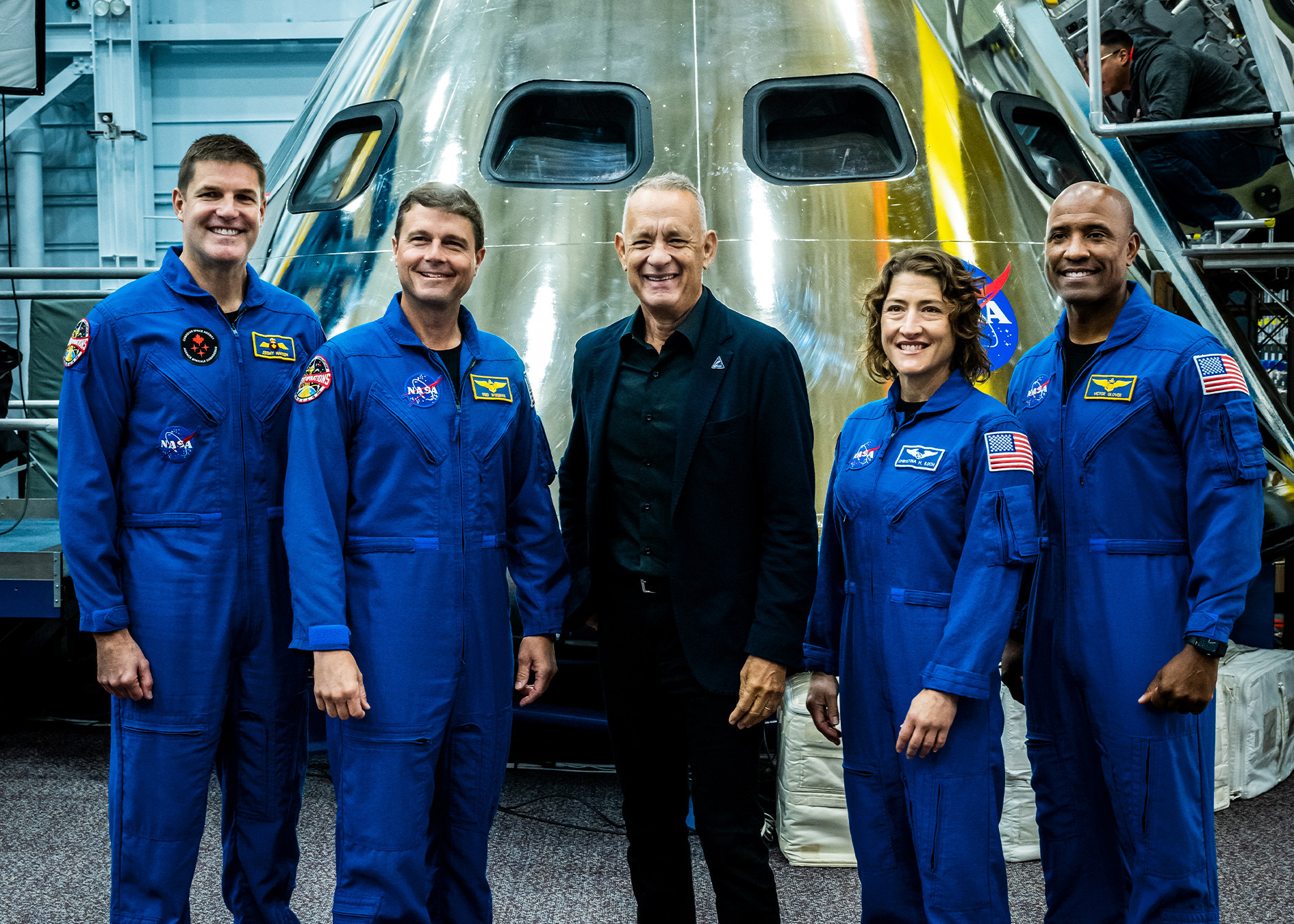 Tom Hanks with the crew of Artemis II during the making of The Moonwalkers at NASA Johnson Space Center, 2023. Photo: Meredith Kohut