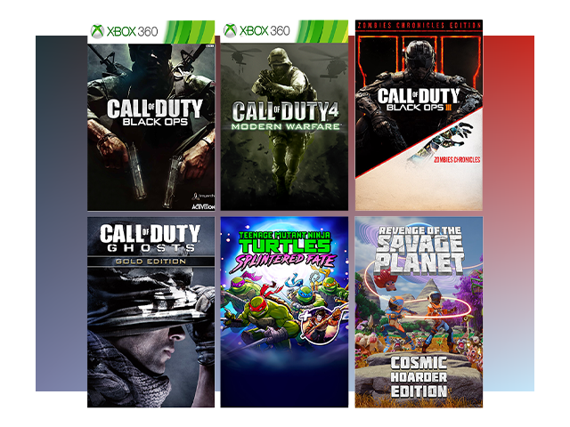 A grid of box art featuring Teenage Mutant Ninja Turtles: Splintered Fate, Revenge of the Savage Planet, and several Call of Duty titles.
