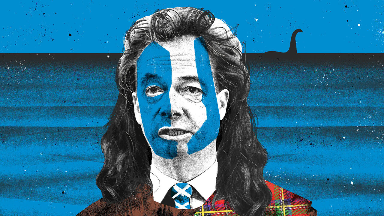 Nigel Farage as braveheart, with the Loch Ness monster in the background. 