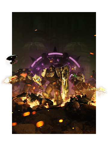 Key art for Warhammer 40, 000: Chaos Gate – Deathwatch depicting a firey battle beside a Chaos Gate.