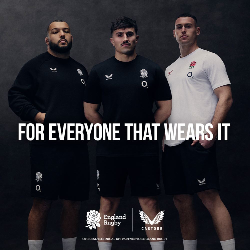 Three athletes in official England Rugby x Castore kit pose against a dark background with the tagline 'For Everyone That Wears It'.