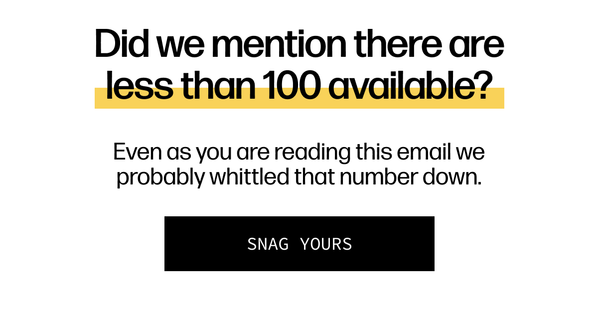 Did we mention there are less than 100 available? | Even as you are reading this email we probably whittled that number down. | [SNAG YOURS]