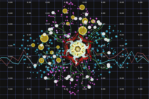 Lines and dots connected to a sphere on a grid.