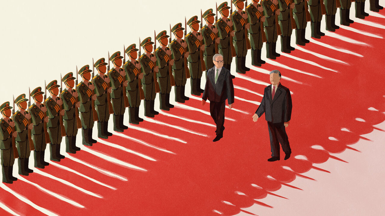 Illustration of Xi Jinping and another politician walking past a line of honour guards holding rifles