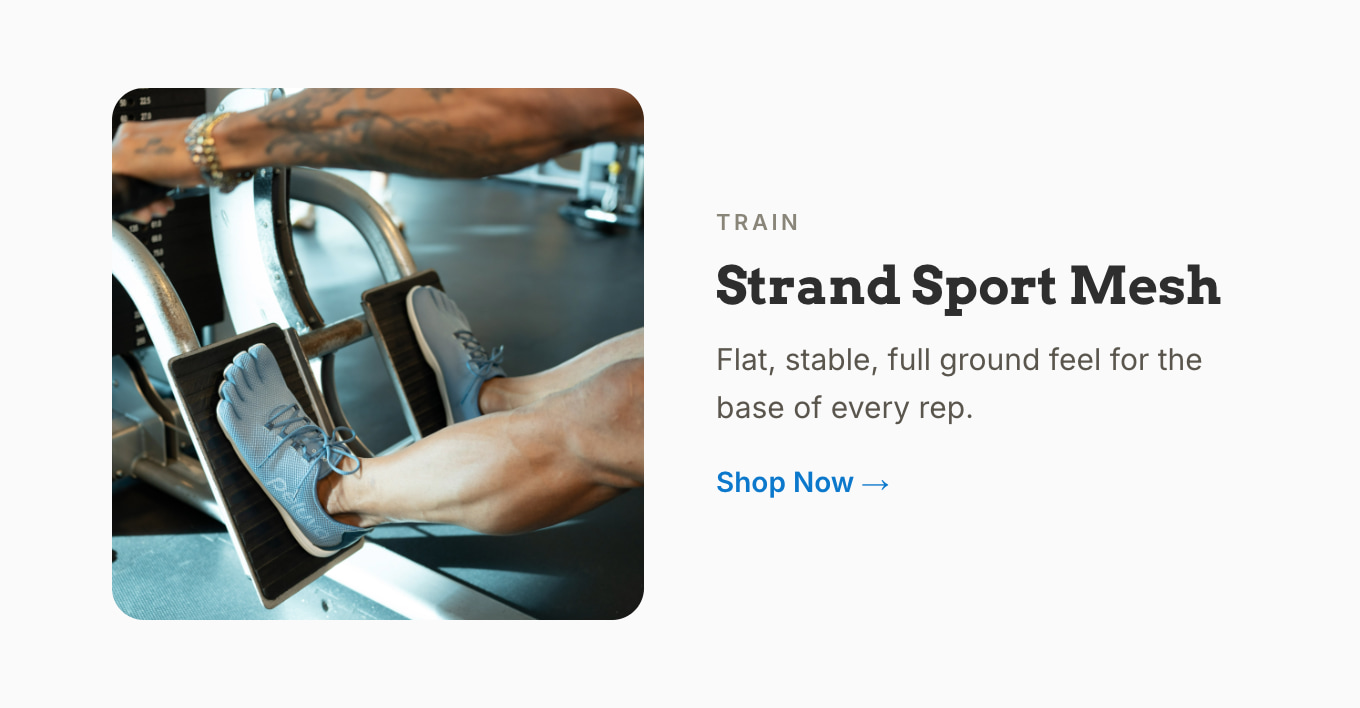 Close-up of hands adjusting a barbell, Peluva Strand Sport Mesh shoe visible on foot