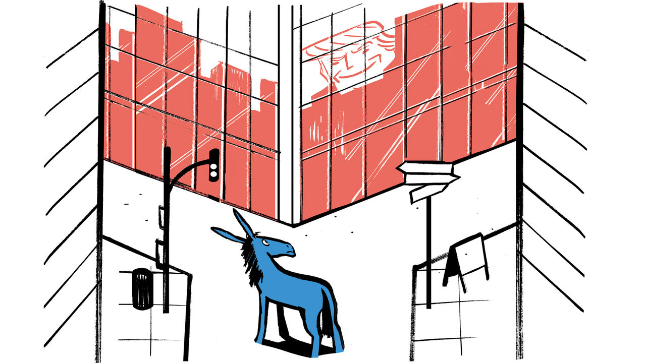 Illustraion of a blue donkey stands at a city intersection, looking up at a tall red building. Donald Trump's face is reflected in the building’s windows, watching from above