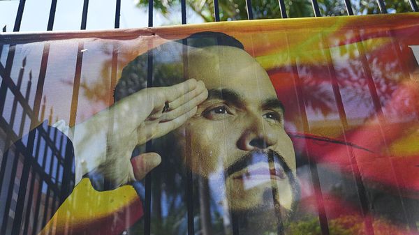 A campaign banner of presidential candidate Abelardo de la Espriella hangs outside his party's headquarters