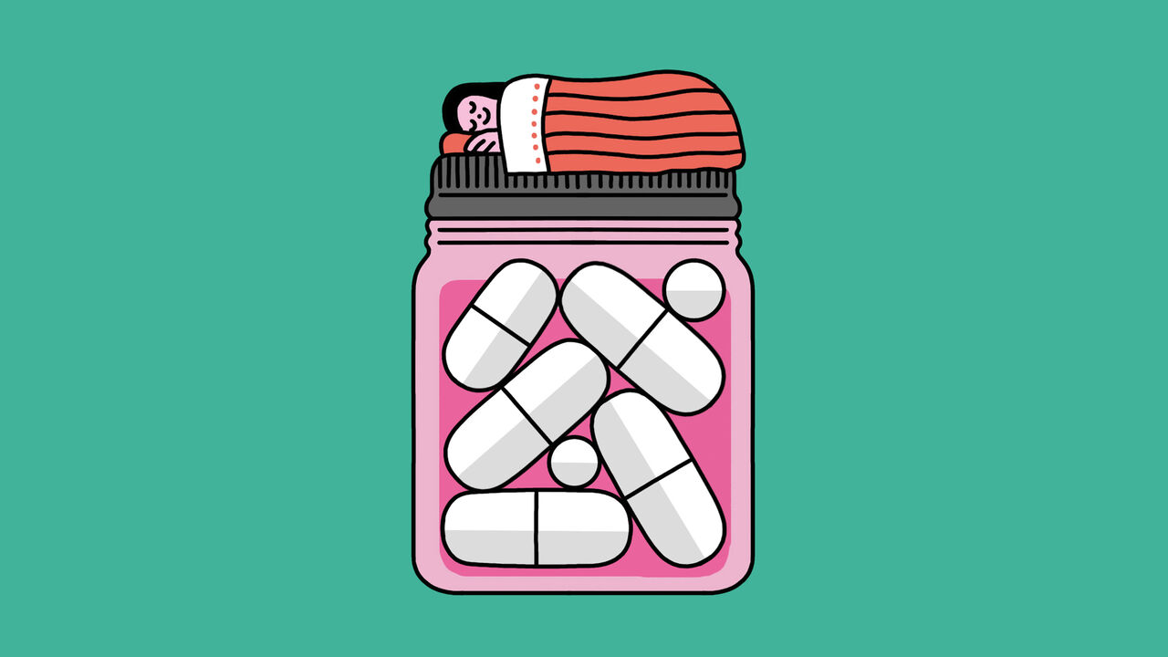 An illustration of a pot of white pills with someone sleeping under a blanket on top of the lid.