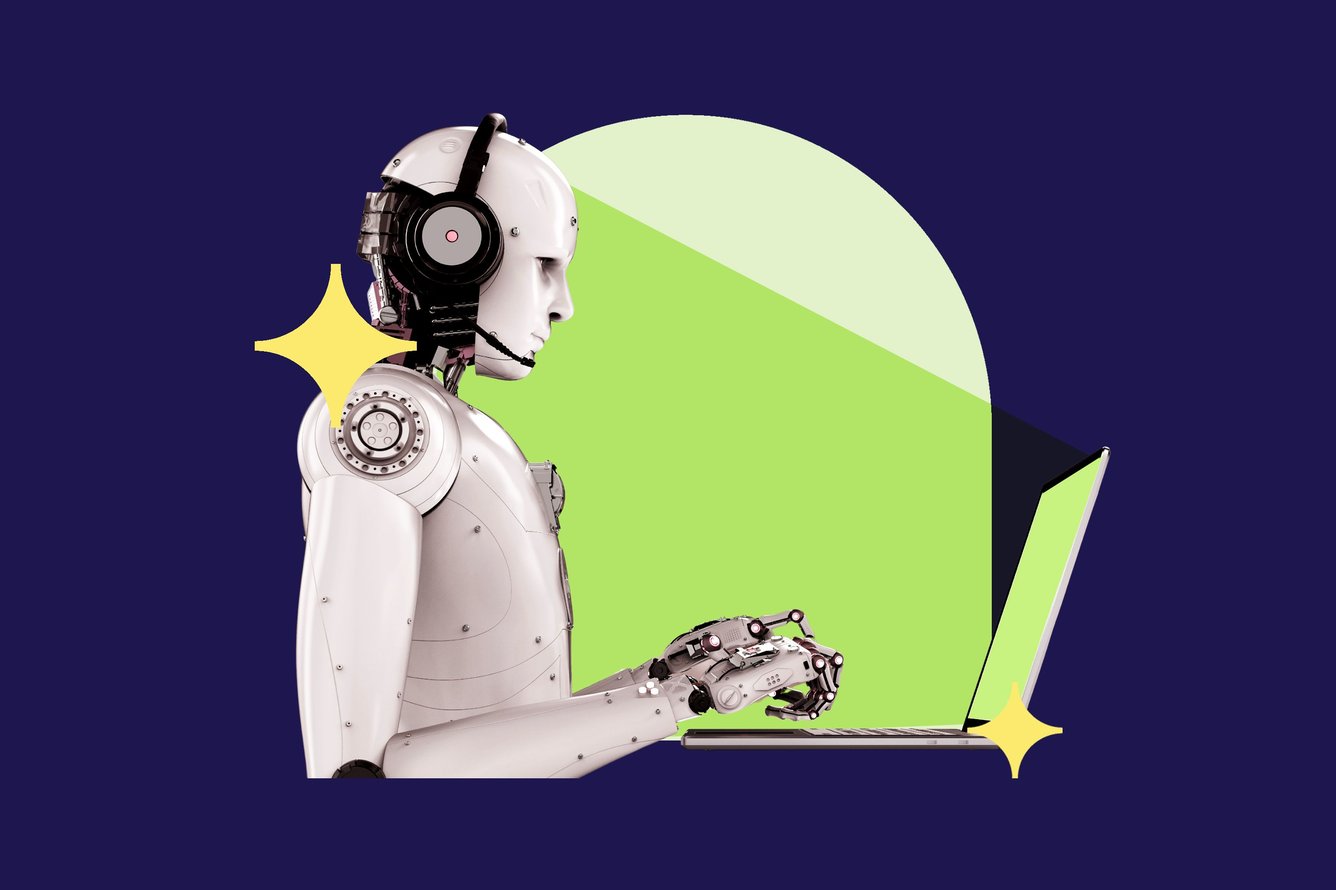 A robot Customer Service AI Assistant typing on laptop