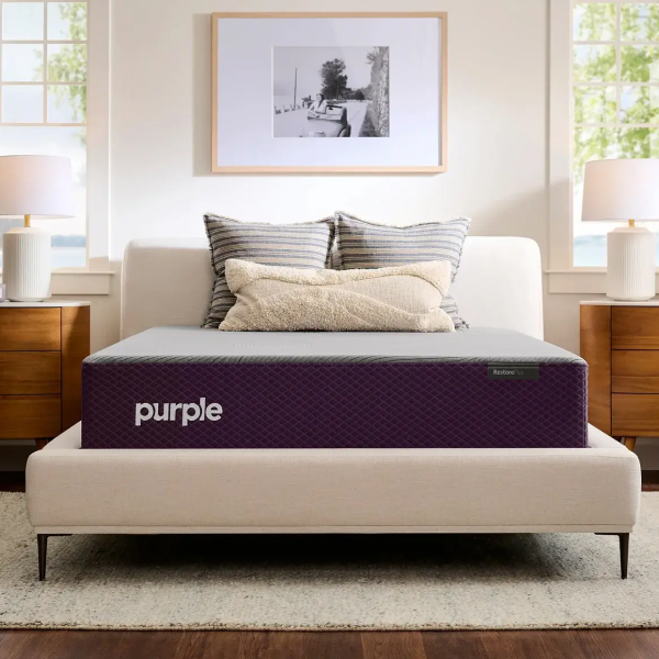 Purple mattress in bright, contemporary bedroom